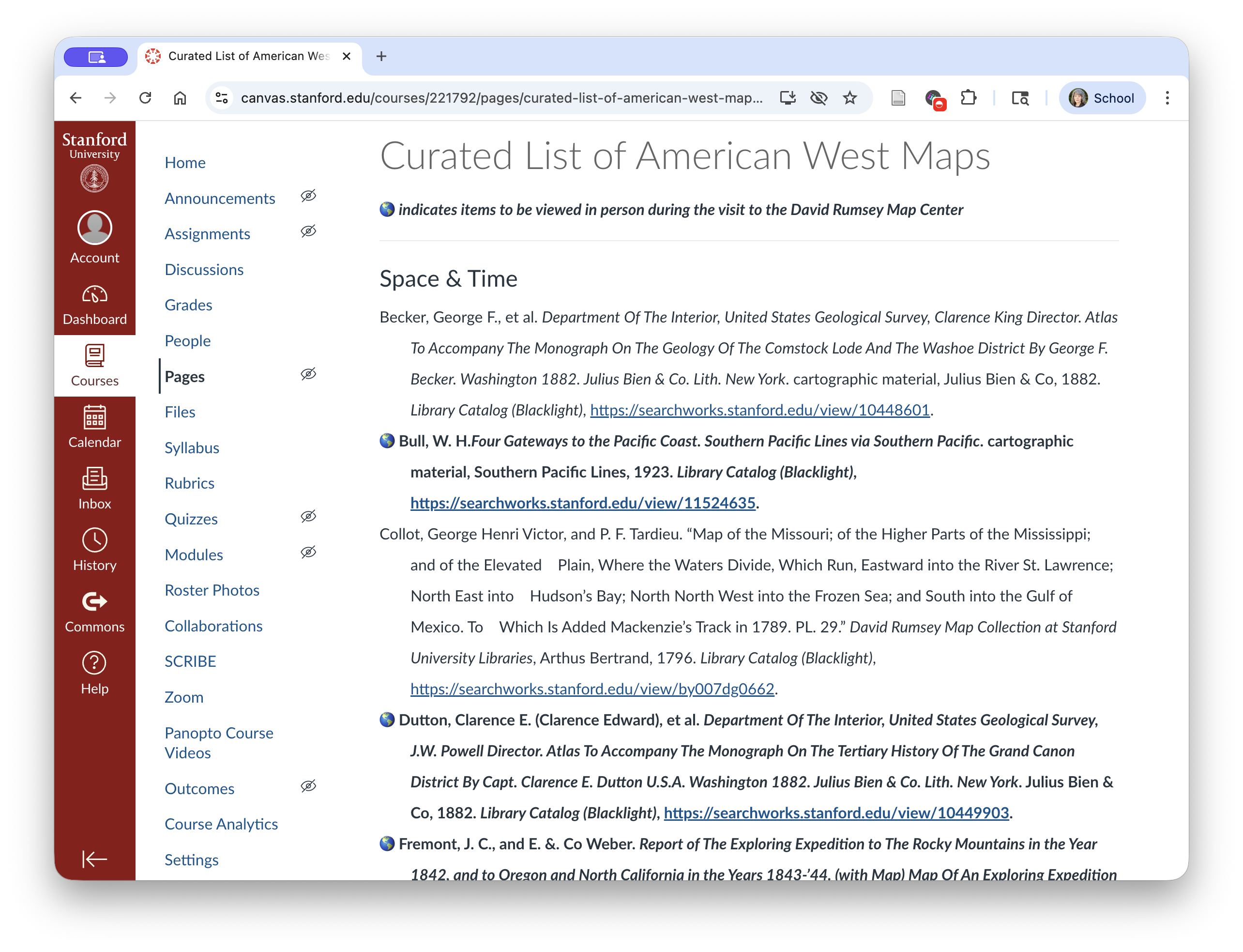 Screenshot of a bibliographic list of maps in a Canvas LMS page.
