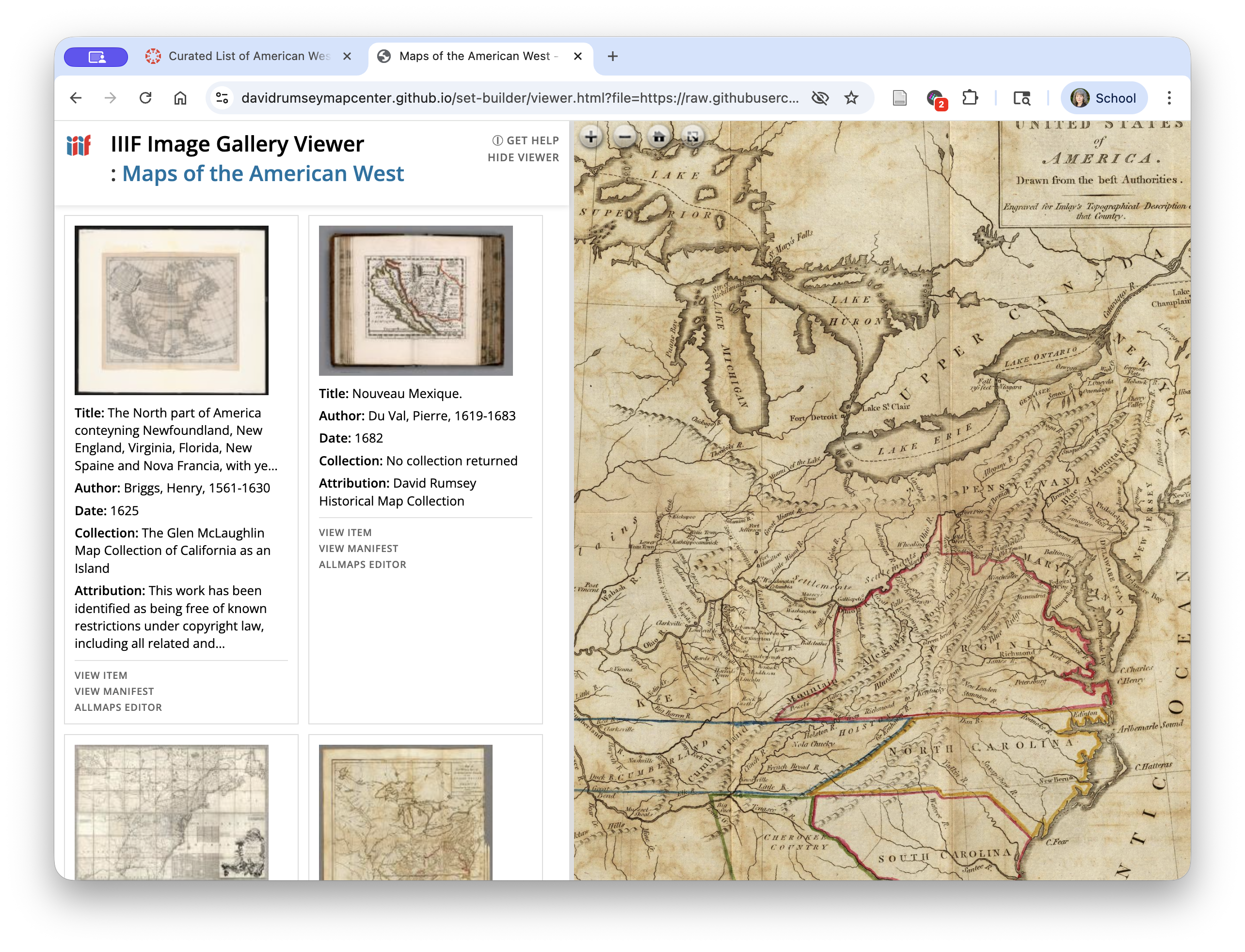 Screenshot of a gallery of map images in a browser window with an enlargement of one in a pane on the right side of the window.