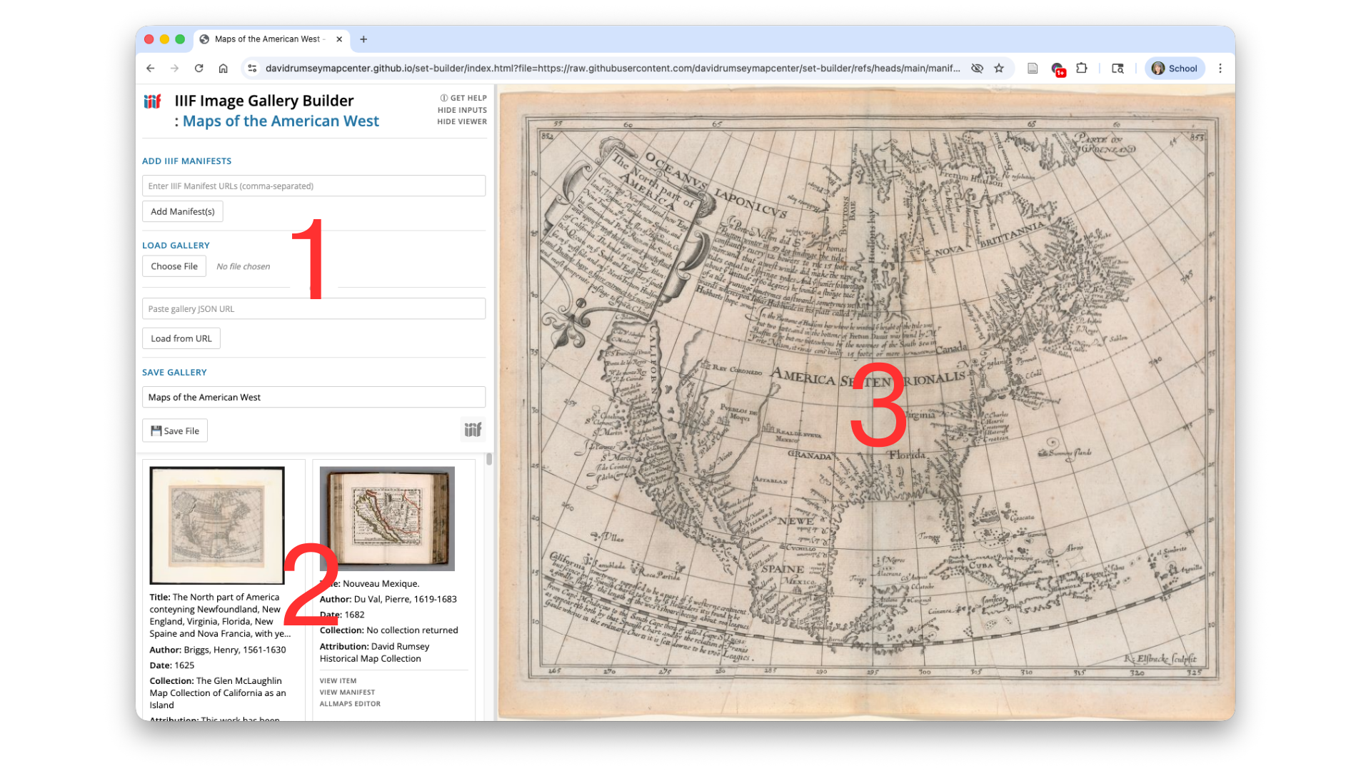 Screenshot of the gallery builder showing a collection entitled Maps of the American West