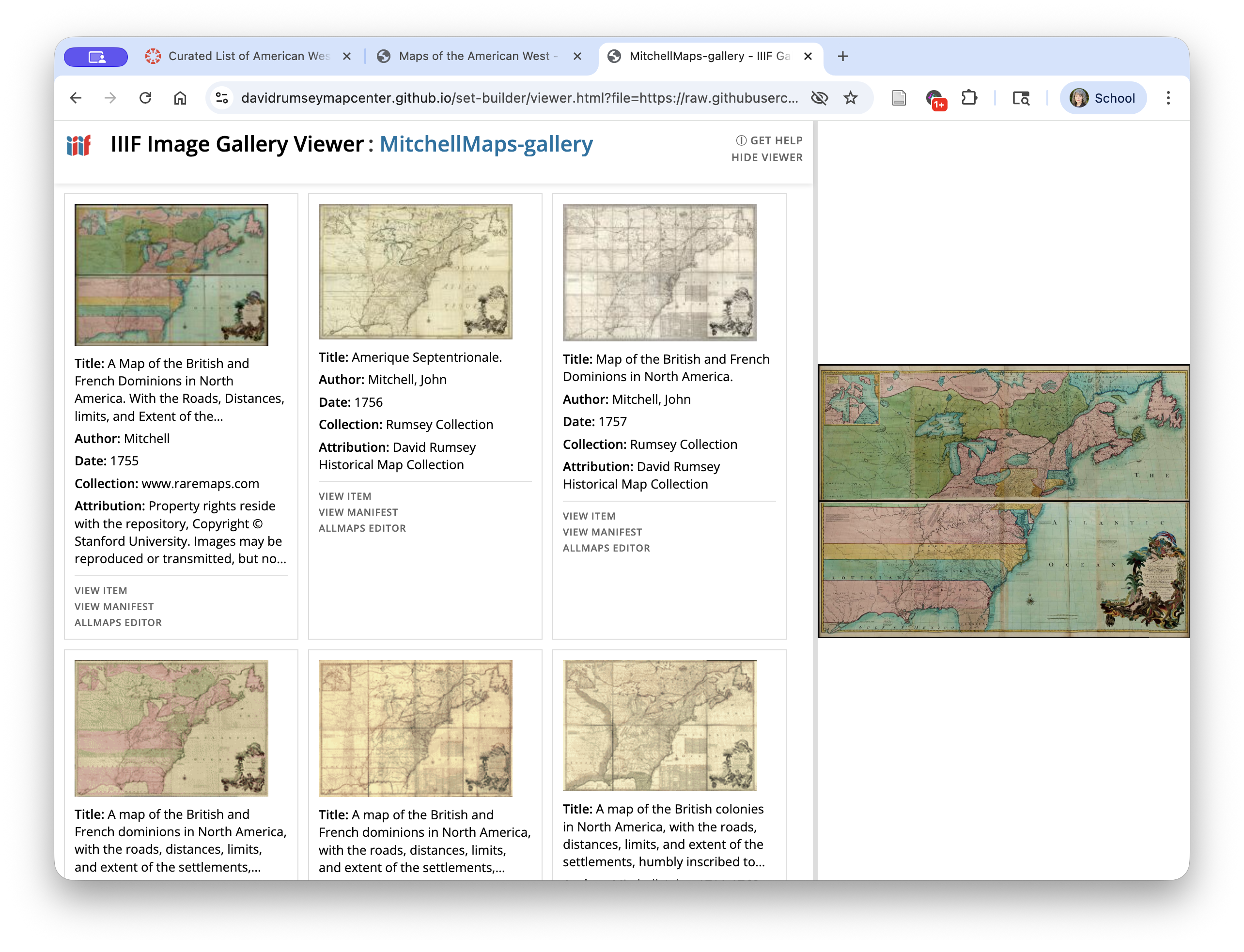 Screenshot of a gallery of multiple copies of the same map in a broswer window with an enlargement of one in a pane on the right side of the window.