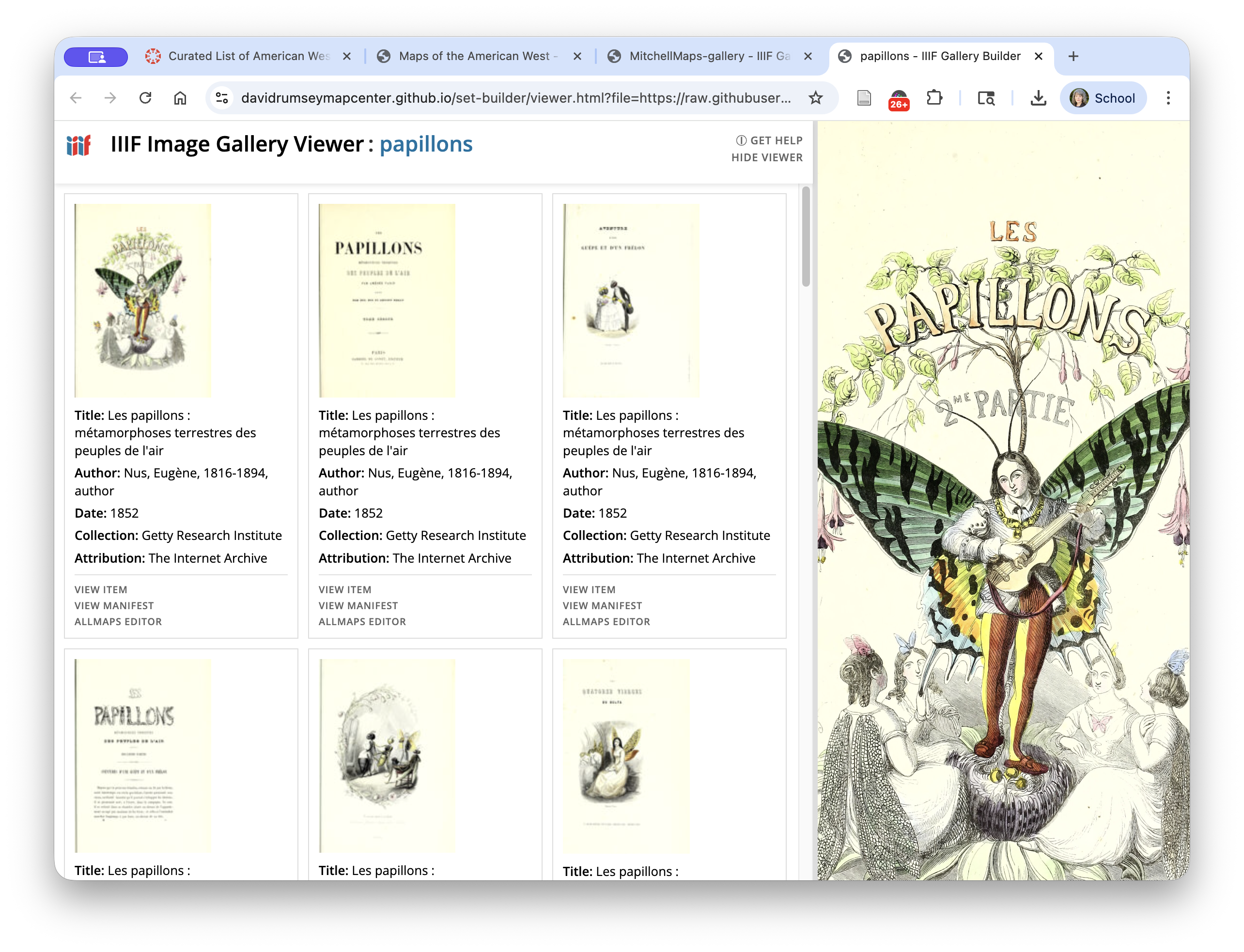 Screenshot of a gallery of images of anthropomorphised insects in a broswer window with an enlargement of one in a pane on the right side of the window.