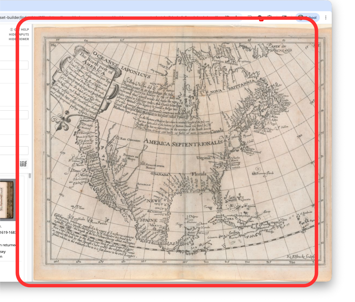 Screenshot of the viewing pane in the gallery builder showing an early map of North America
